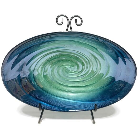 Blue Green Handblown Serving Bowl Glass Art Oval Shaped 13x8.5x3 - Picture 10 of 10
